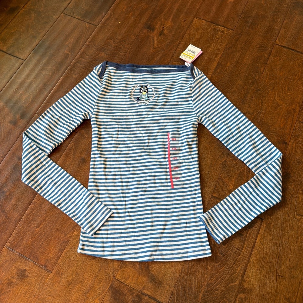 Bluey Womens XXS Long Sleeve Striped Cotton Shirt Blue White Embroidered Laurel